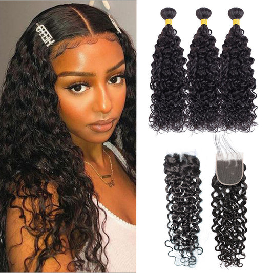 Water Wave 100% Human Hair 3 Bundles With 4x4 Lace Closure Natural Black