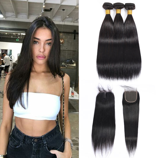 Straight 100% Human Hair 3 Bundles With 4x4 Lace Closure Natural Black