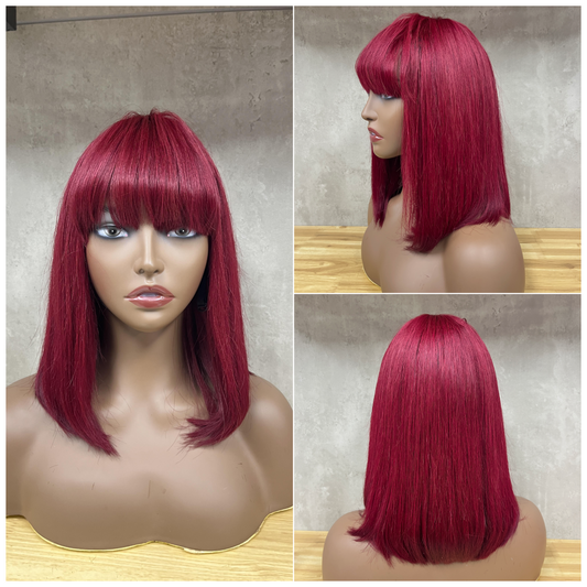 Wine Fumi Human Hair Straight Fringe Wigs