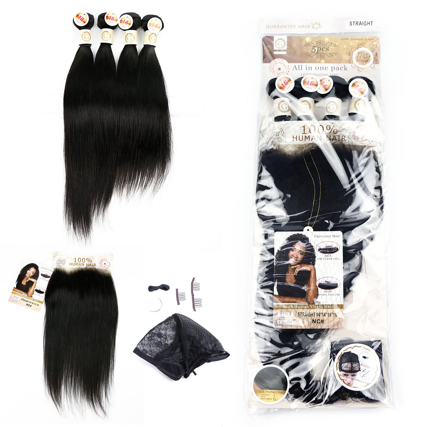 Natural Black Straight 4 Bundles With 13x4 Lace Frontal Packet Hair（5PCS）