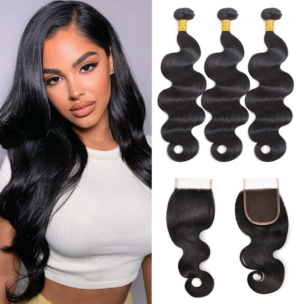 Body Wave 100% Human Hair 3 Bundles With 4x4 Lace Closure Natural Black