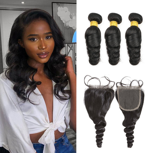 Loose Wave 100% Human Hair 3 Bundles With 4x4 Lace Closure Natural Black