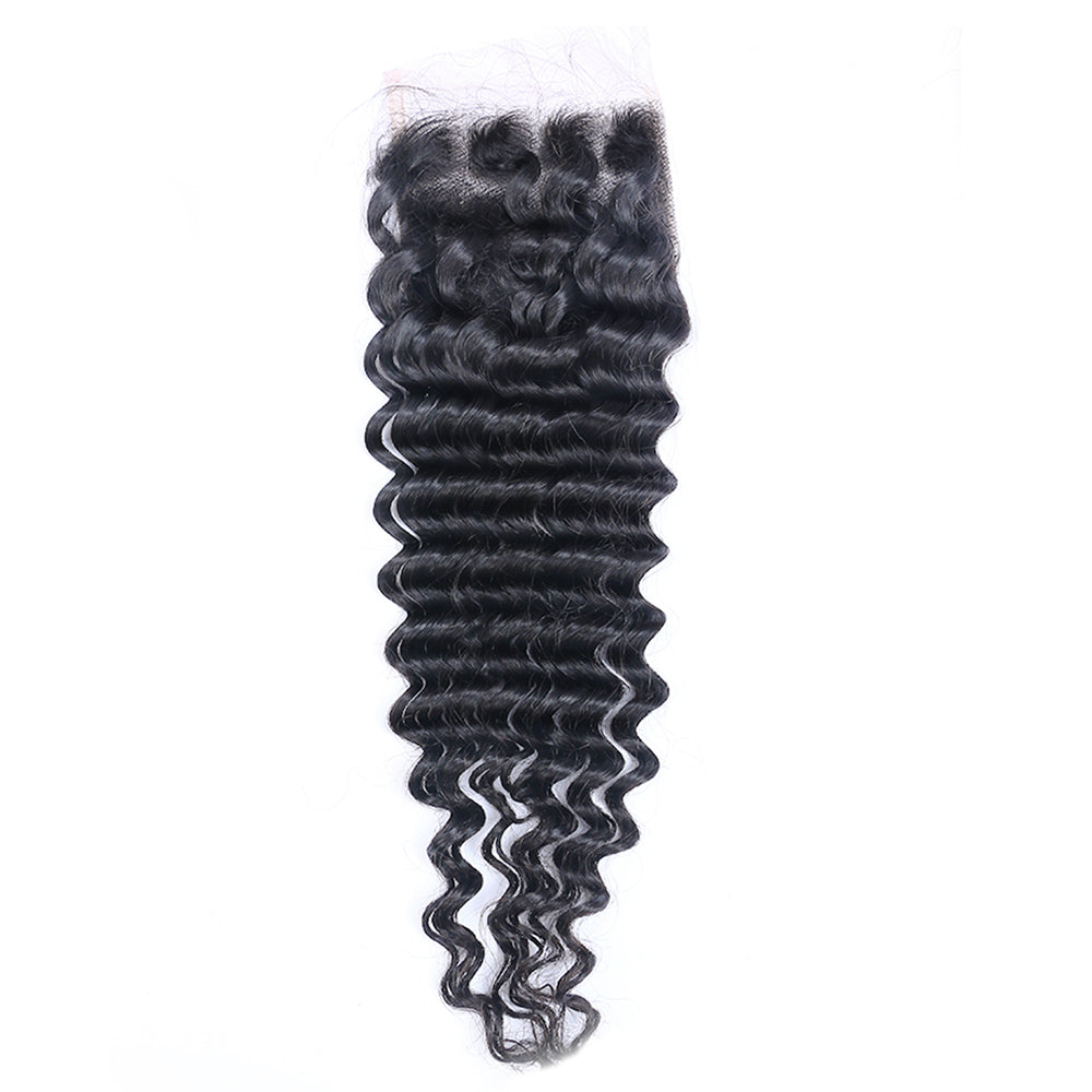 Deep Wave Remy Human Hair 3 Bundles With 4x4 Lace Closure Natural Black