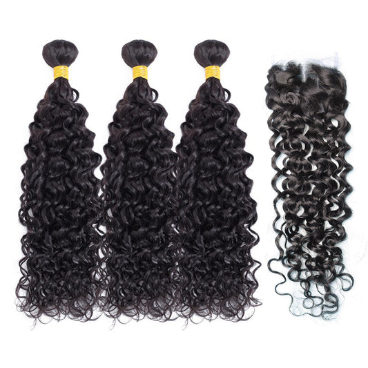 Water Wave 100% Human Hair 3 Bundles With 4x4 Lace Closure Natural Black