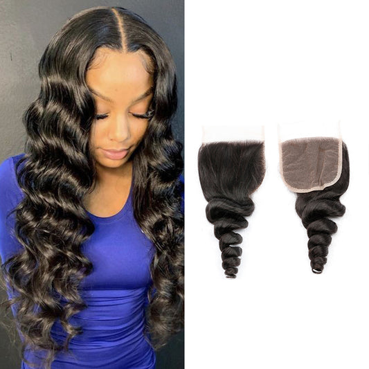 Loose Wave Remy Human Hair 4x4 Lace Closure Natural Black