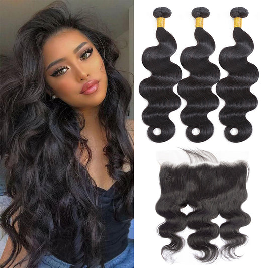 Body Wave 100% Human Hair 3 Bundles With 13x4 Lace Frontal Natural Black