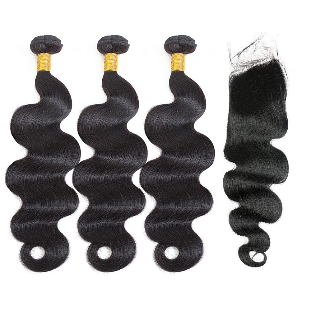 Body Wave 100% Human Hair 3 Bundles With 4x4 Lace Closure Natural Black