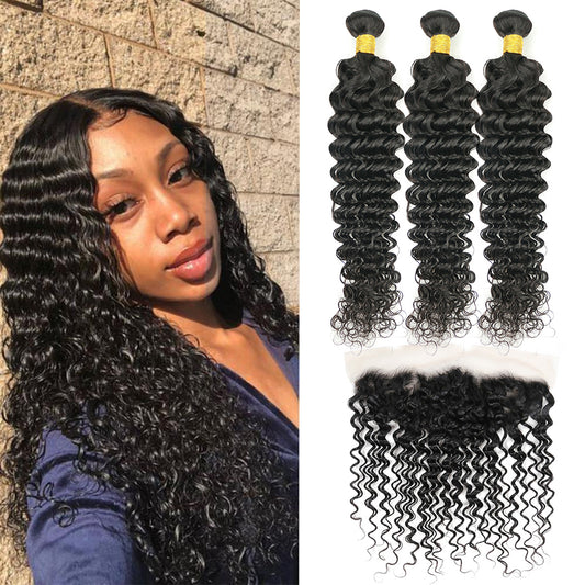 Deep Wave 100% Human Hair 3 Bundles With 13x4 Lace Frontal Natural Black