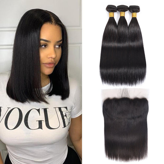 Straight 100% Human Hair 3 Bundles With 13x4 Lace Frontal Natural Black