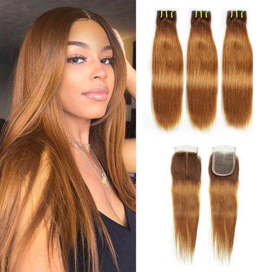 4/30# Straight Fumi Hair 3 Bundles With 4x4 Lace Closure