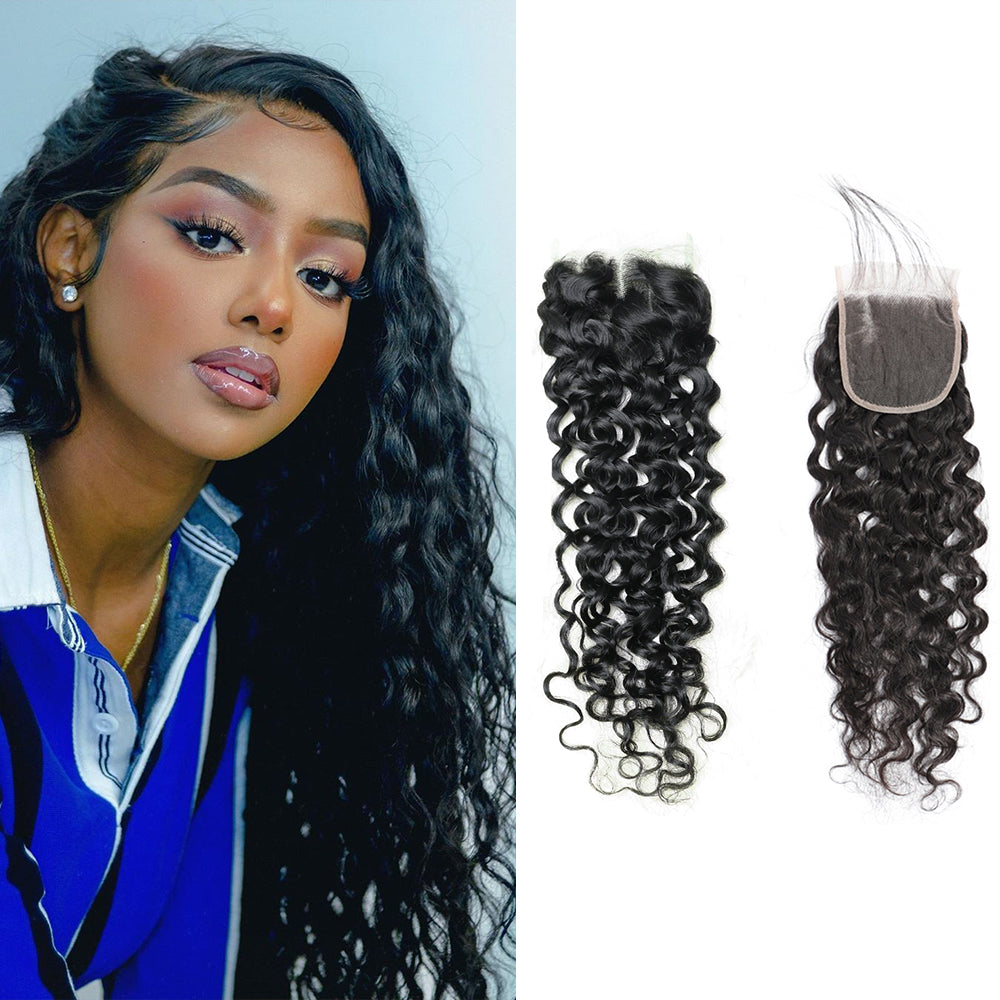 Water Wave 100% Human Hair 4x4 Lace Closure Natural Black