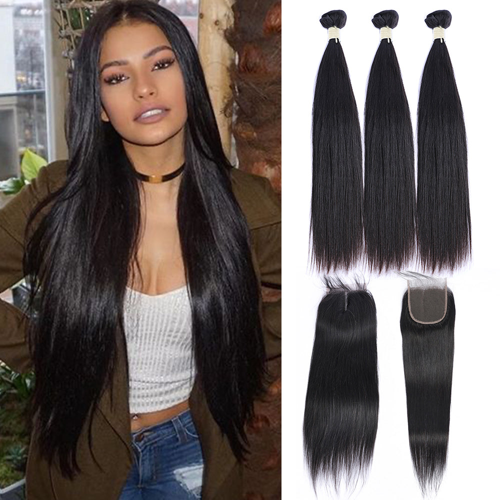 Straight Virgin Human Hair 3 Bundles With 4x4 Lace Closure Natural Black