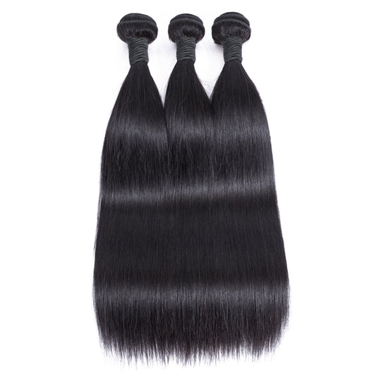 Straight Remy Human Hair 3 Bundles With 4x4 Lace Closure Natural Black