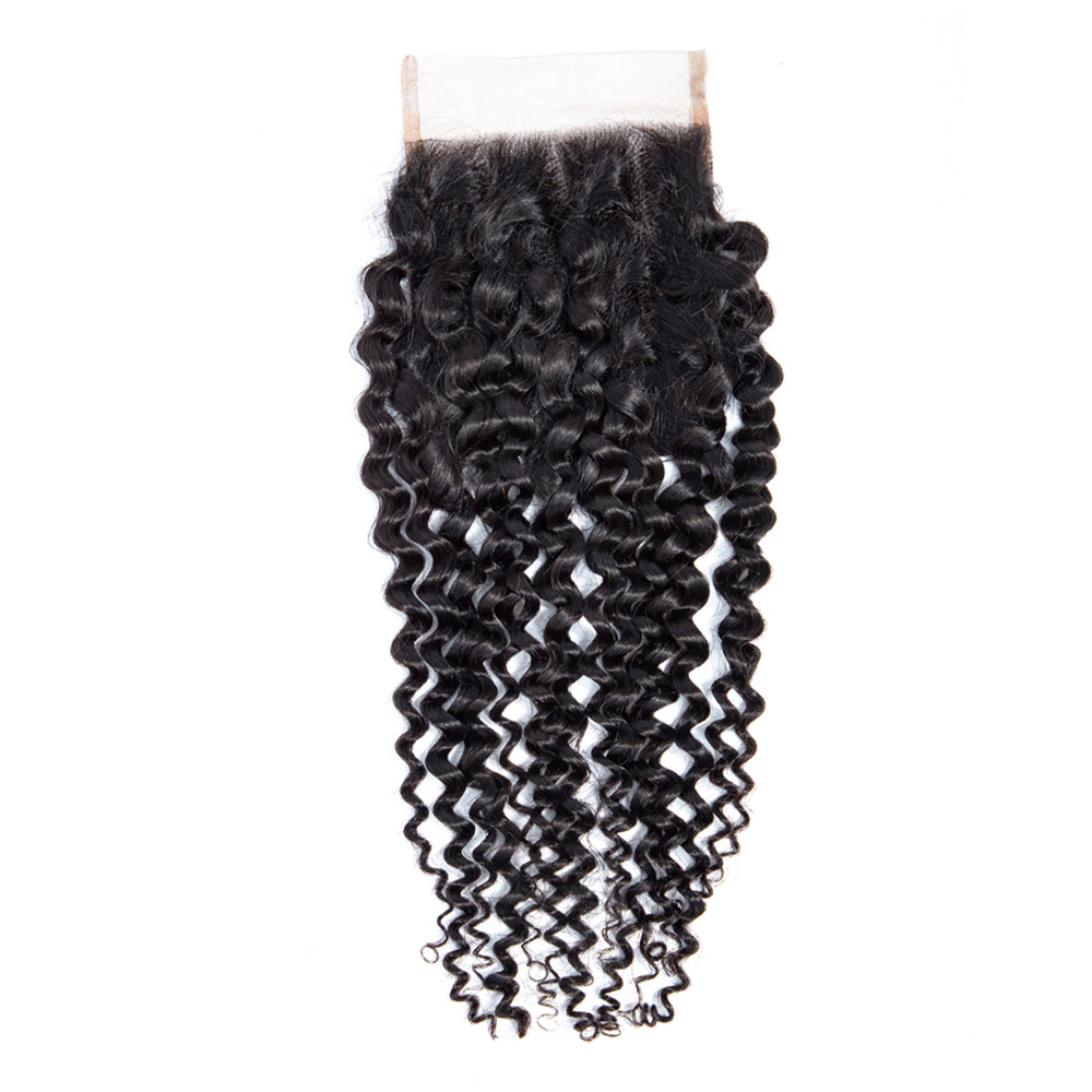 Kinky Curly Remy Human Hair 3 Bundles With 4x4 Lace Closure Natural Black