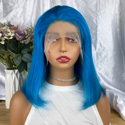 Special Remy Human Color Hair Staight Blue Bob Wig