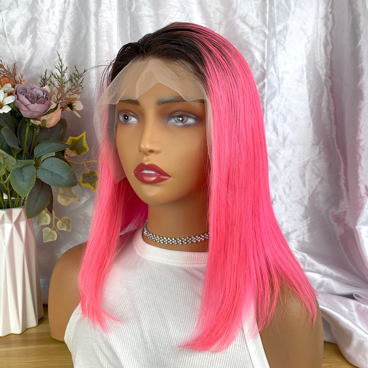 Special Remy Human Color Hair Nature/Pink Bob Wig