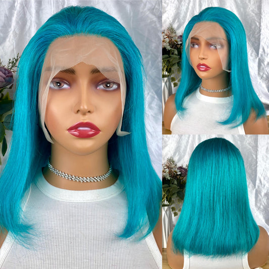 Special Remy Human Color Hair Staight Sea Blue Bob Wig