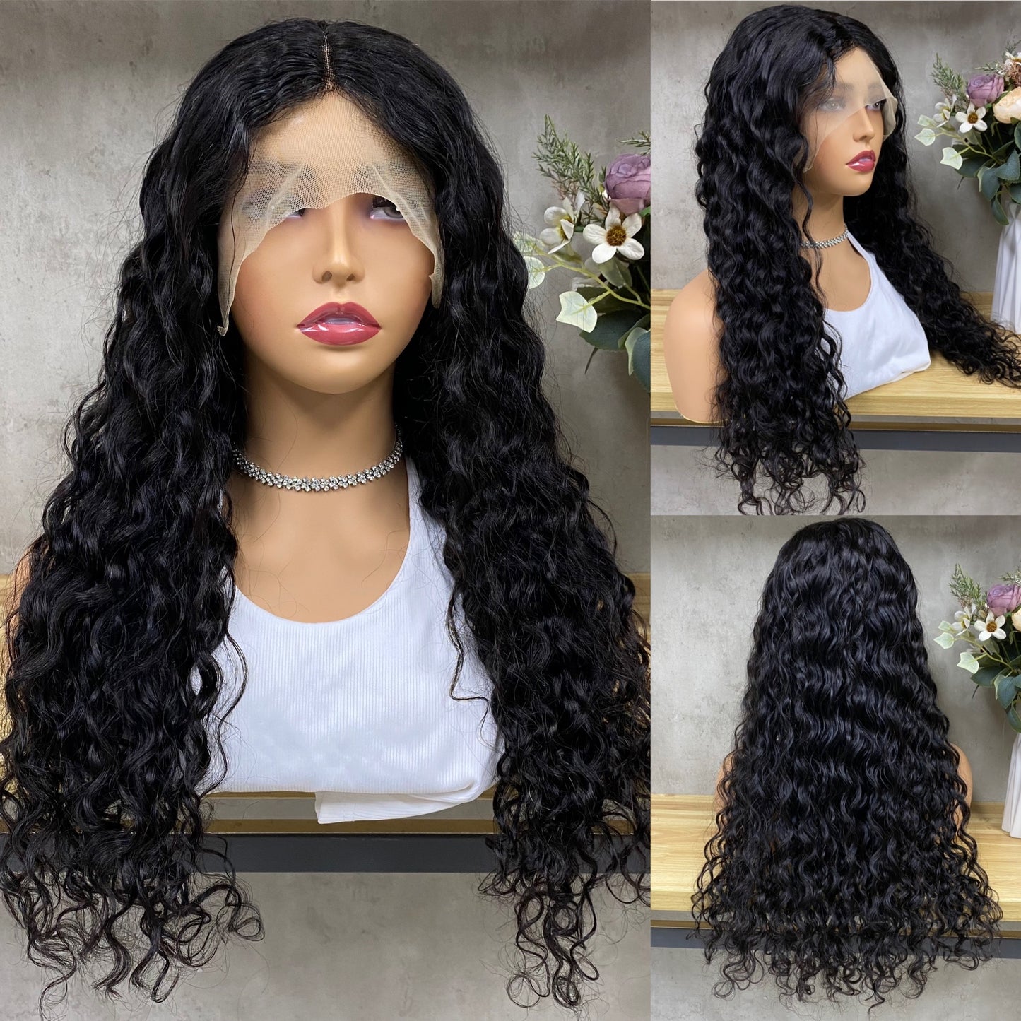 Nature Black Water Wave 13x4 T-Part Lace Frontal Remy Human Hair Wig