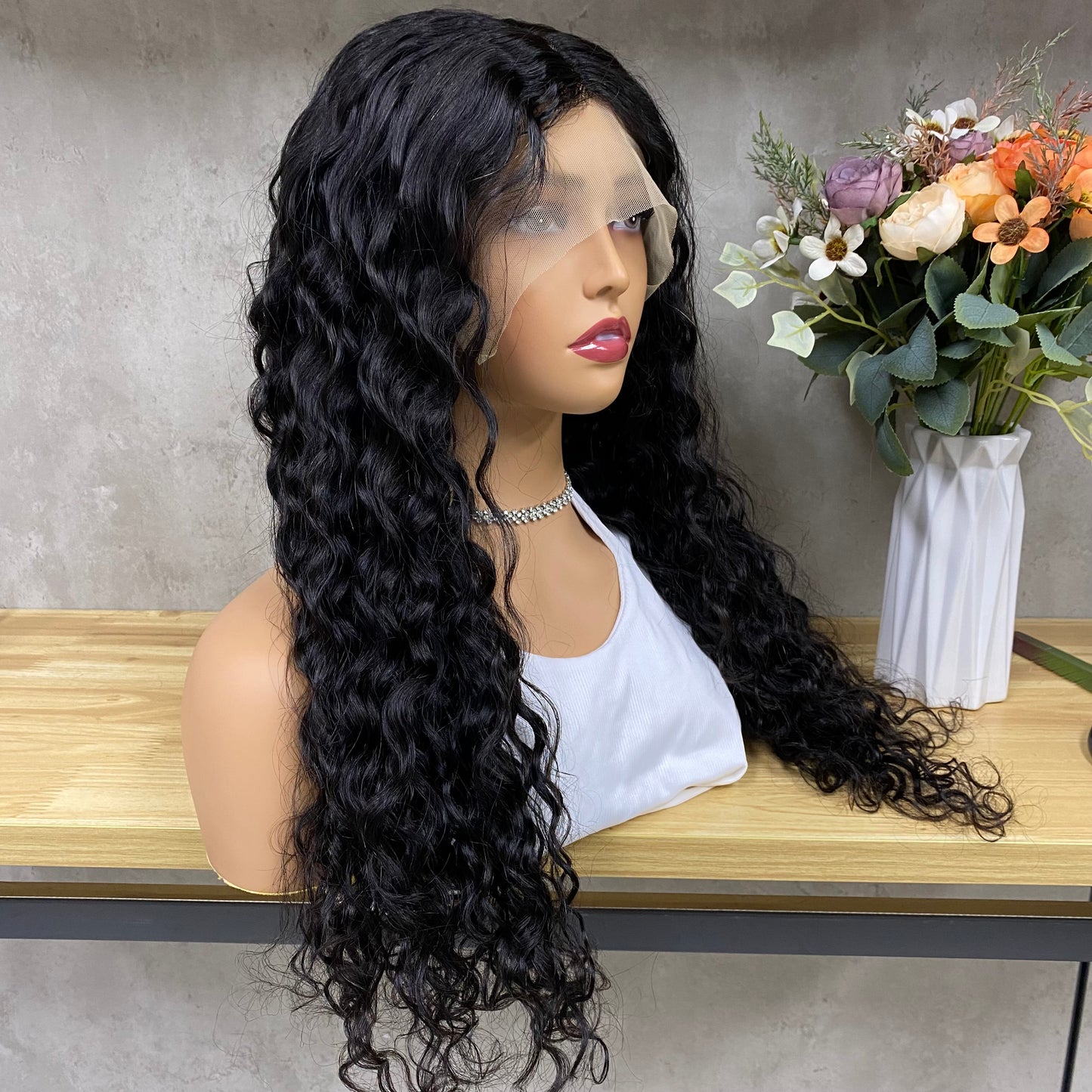 Nature Black Water Wave 13x4 T-Part Lace Frontal Remy Human Hair Wig