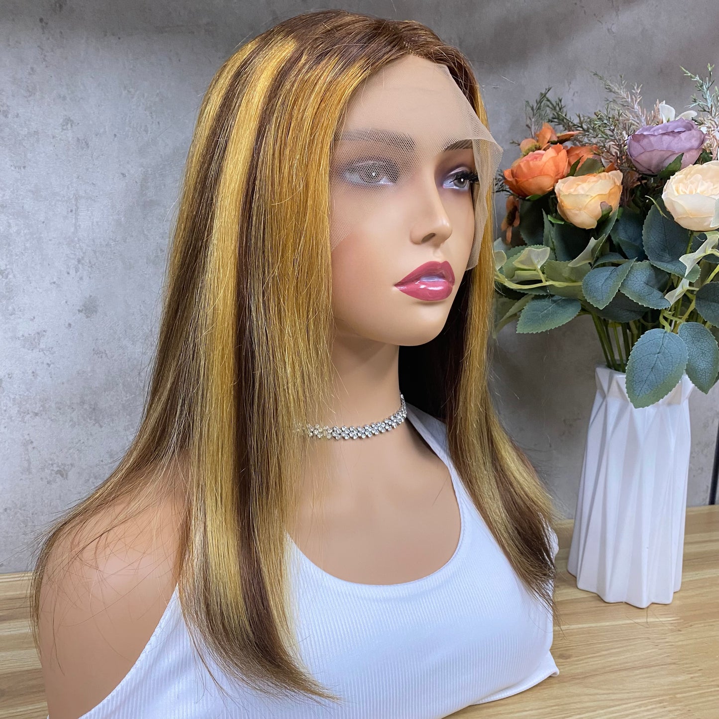 Special Piano Remy Human Hair Straight T-Part Frontal Wigs