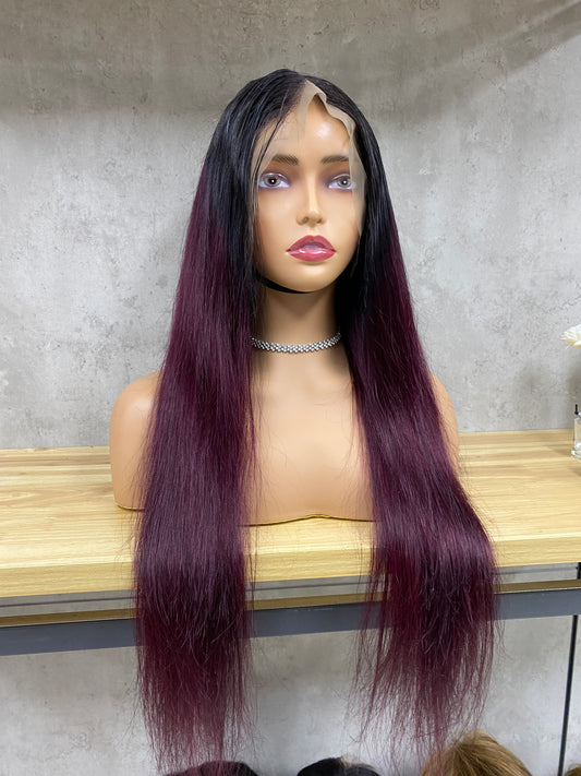 High Quality Omber Burgundy Remy Human Hair 13x4 Lace Frontal Straight Long Hair Wigs