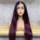 High Quality Omber Burgundy Remy Human Hair 13x4 Lace Frontal Straight Long Hair Wigs