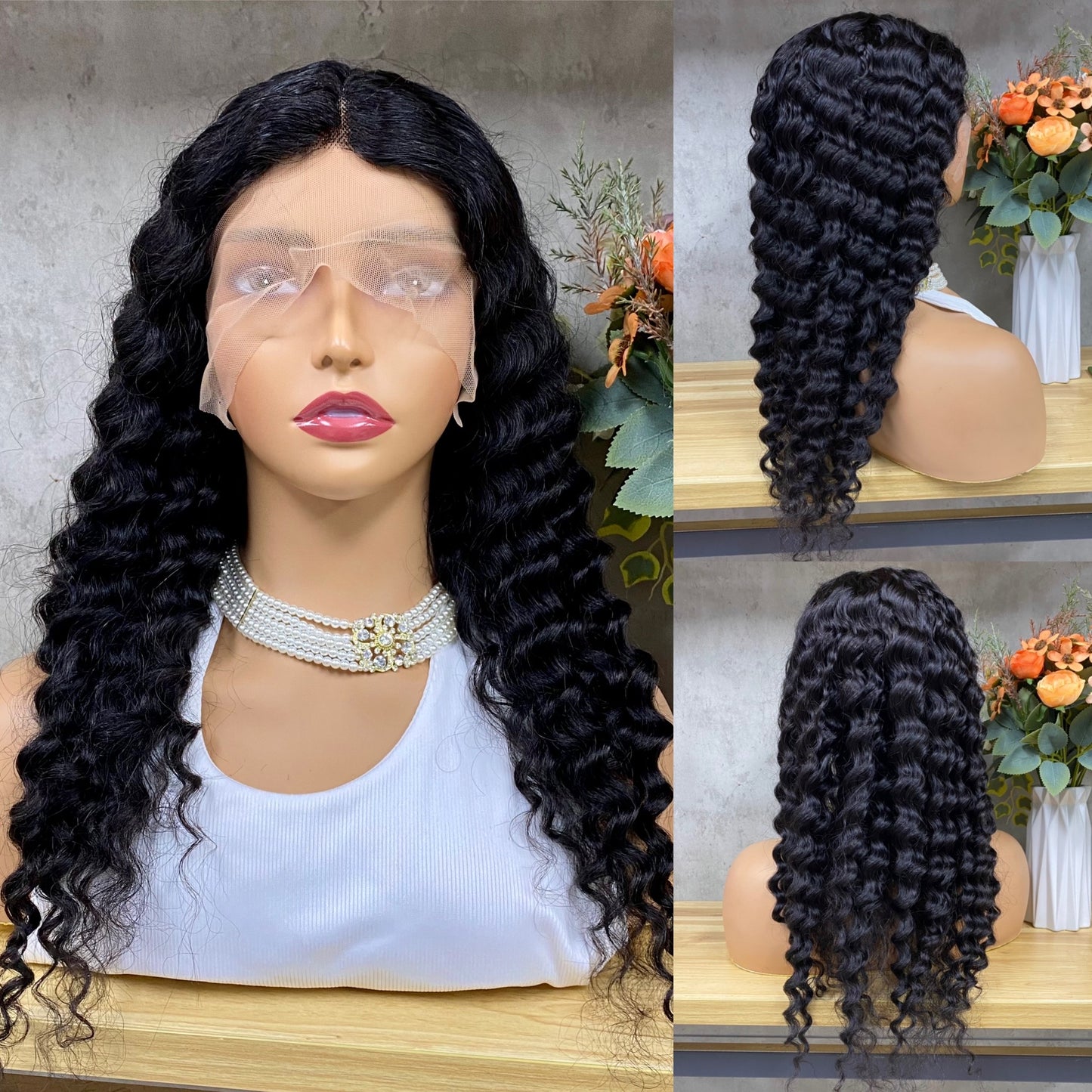 Nature Black Deep Wave 13x4 T-Part Lace Frontal Remy Human Hair Wig