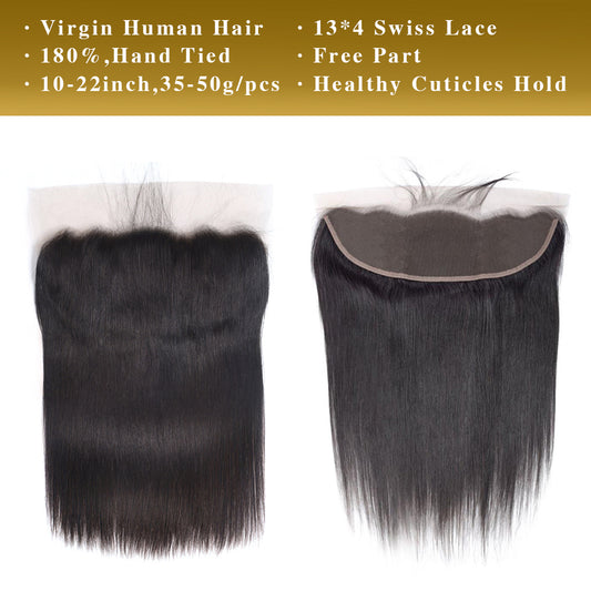 Straight Virgin Human Hair 3 Bundles With 13x4 Lace Frontal Natural Black