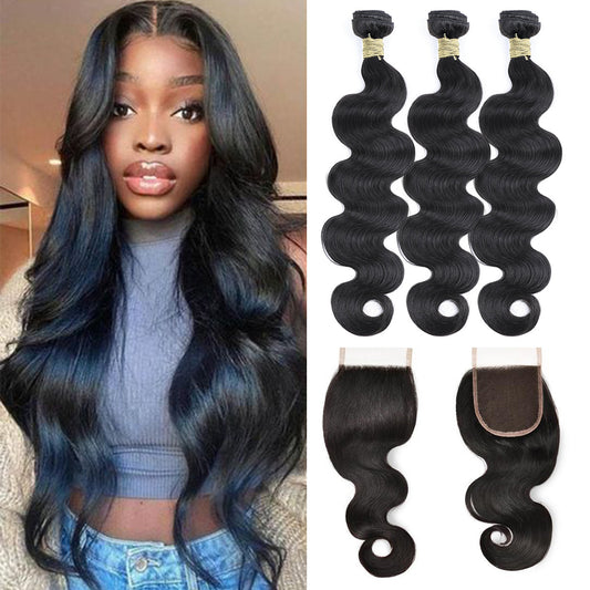 Body Wave Virgin Human Hair 3 Bundles With 4x4 Lace Closure Natural Black