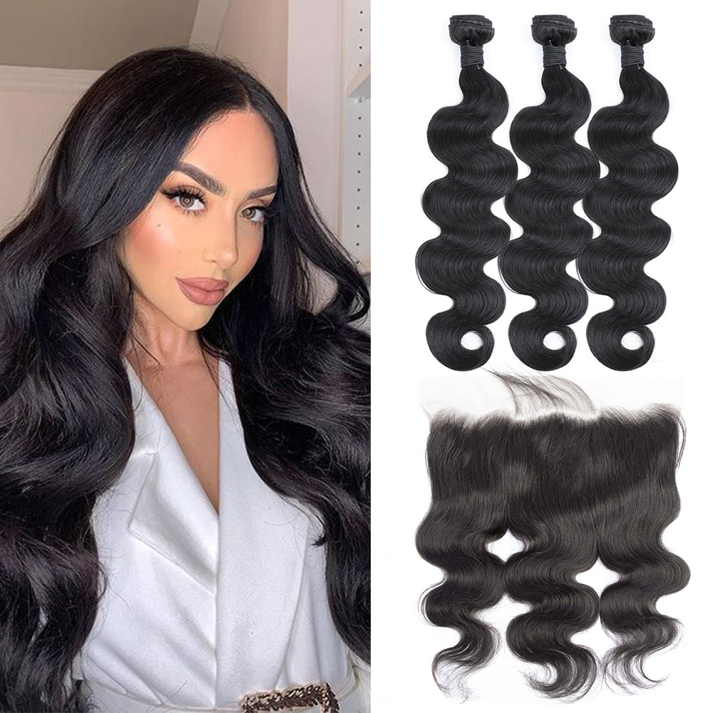 Body Wave Remy Human Hair 3 Bundles With 13x4 Lace Frontal Natural Black