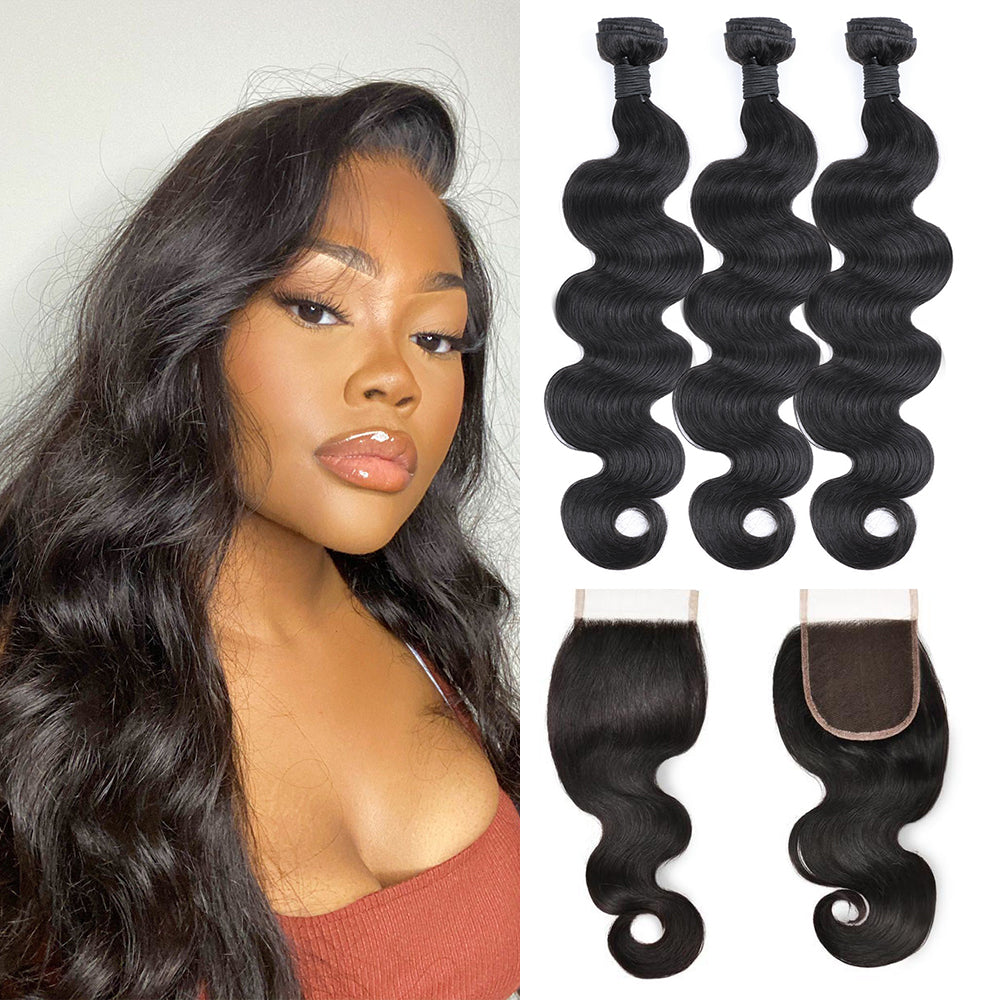 Body Wave Remy Human Hair 3 Bundles With 4x4 Lace Closure Natural Black