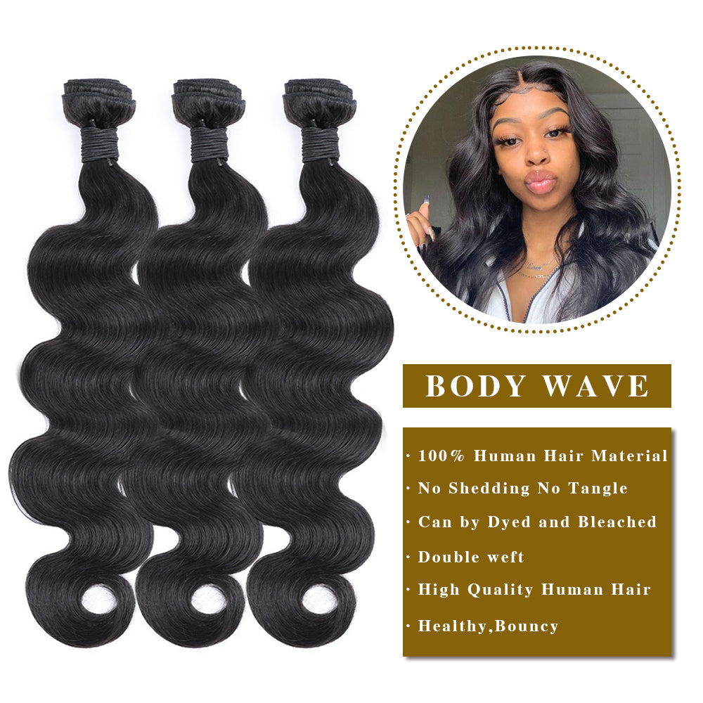 Body Wave Remy Human Hair 3 Bundles With 13x4 Lace Frontal Natural Black