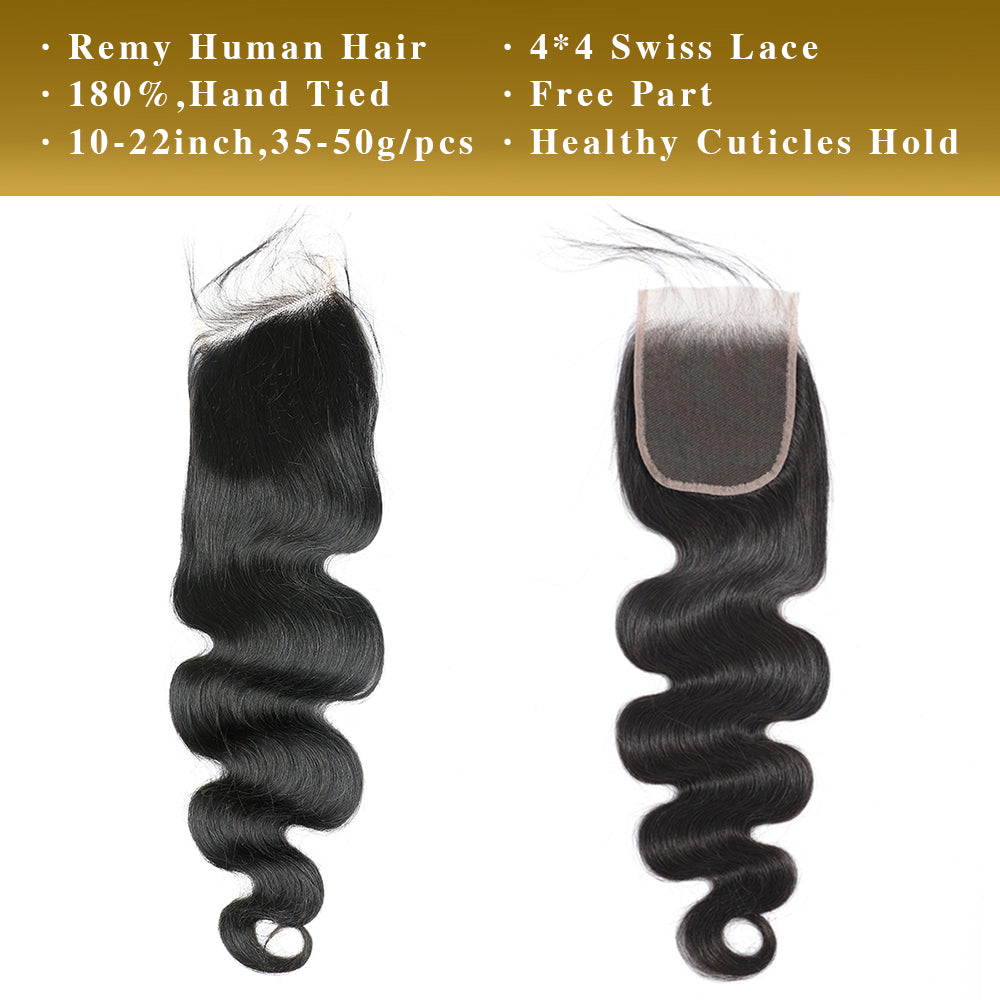 Body Wave Remy Human Hair 4x4 Lace Closure Natural Black