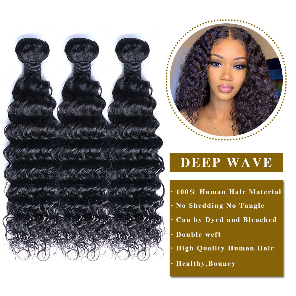 Deep Wave Remy Human Hair 3 Bundles With 13x4 Lace Frontal Natural Black