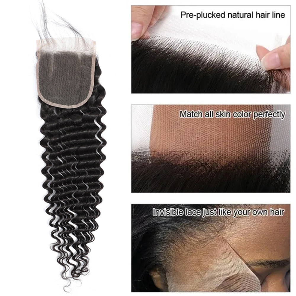 Deep Wave 100% Human Hair 3 Bundles With 4x4 Lace Closure Natural Black