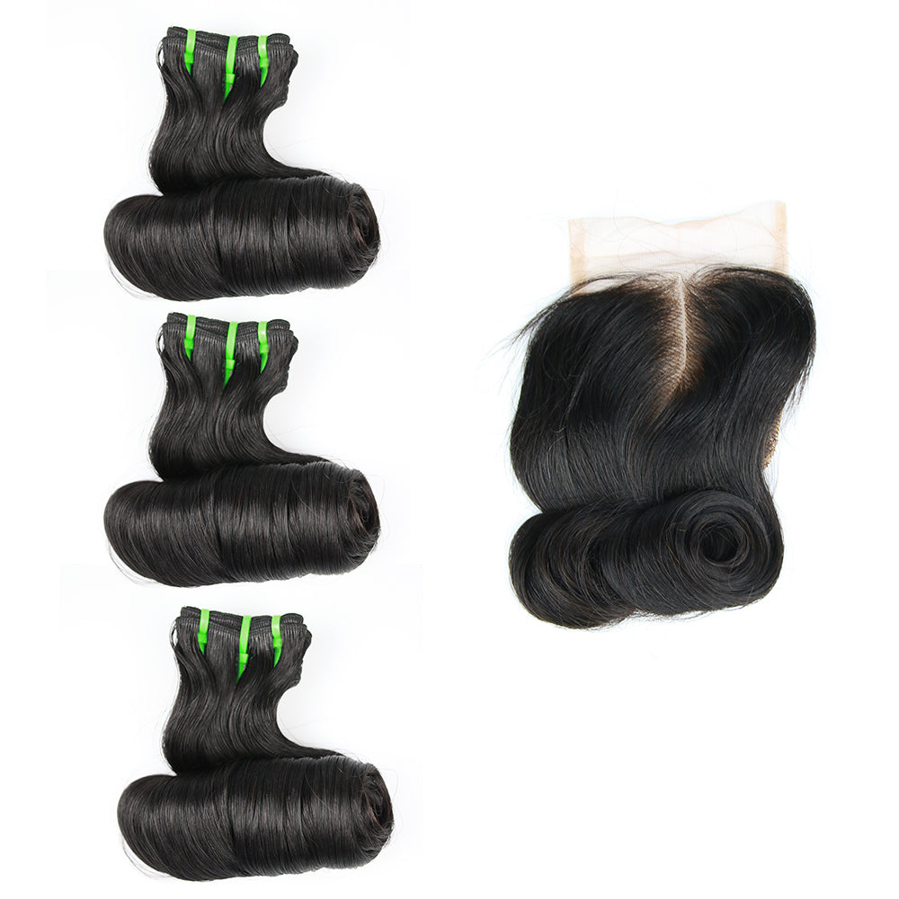 1b# Egg Curly Fumi Hair 3 Bundles With 4x4 Lace Closure