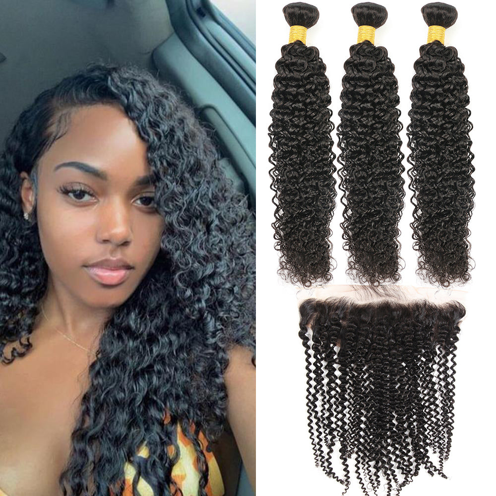 Kinky Curly 100% Human Hair 3 Bundles With 13x4 Lace Frontal Natural Black