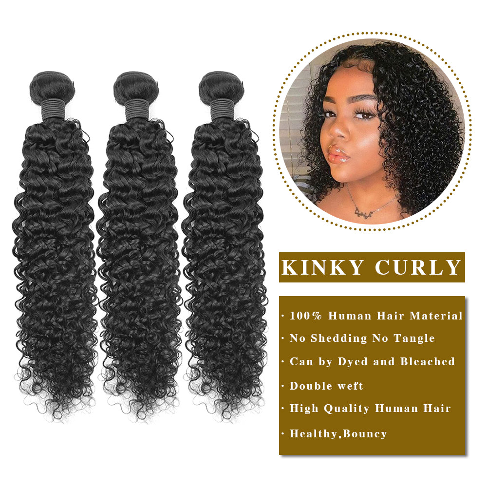 Kinky Curly Remy Human Hair 3 Bundles With 4x4 Lace Closure Natural Black