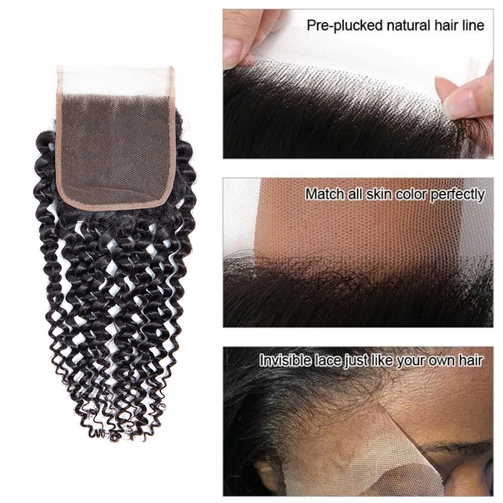 Kinky Curly 100% Human Hair 3 Bundles With 4x4 Lace Closure Natural Black