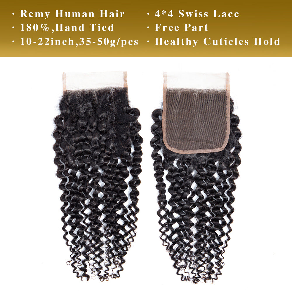 Kinky Curly Remy Human Hair 4x4 Lace Closure Natural Black