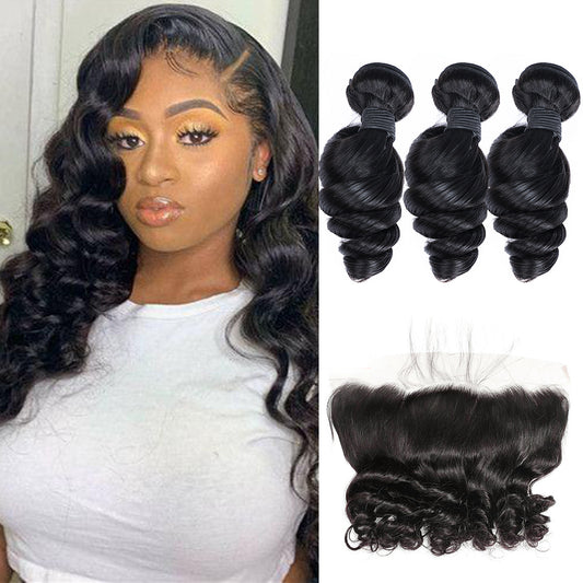 Loose Wave Remy Human Hair 3 Bundles With 13x4 Lace Frontal Natural Black