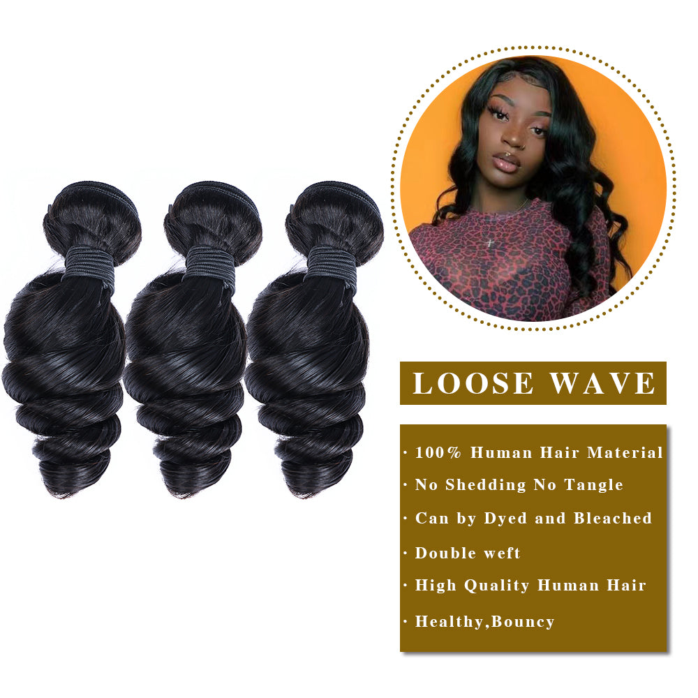 Loose Wave Remy Human Hair 3 Bundles With 13x4 Lace Frontal Natural Black