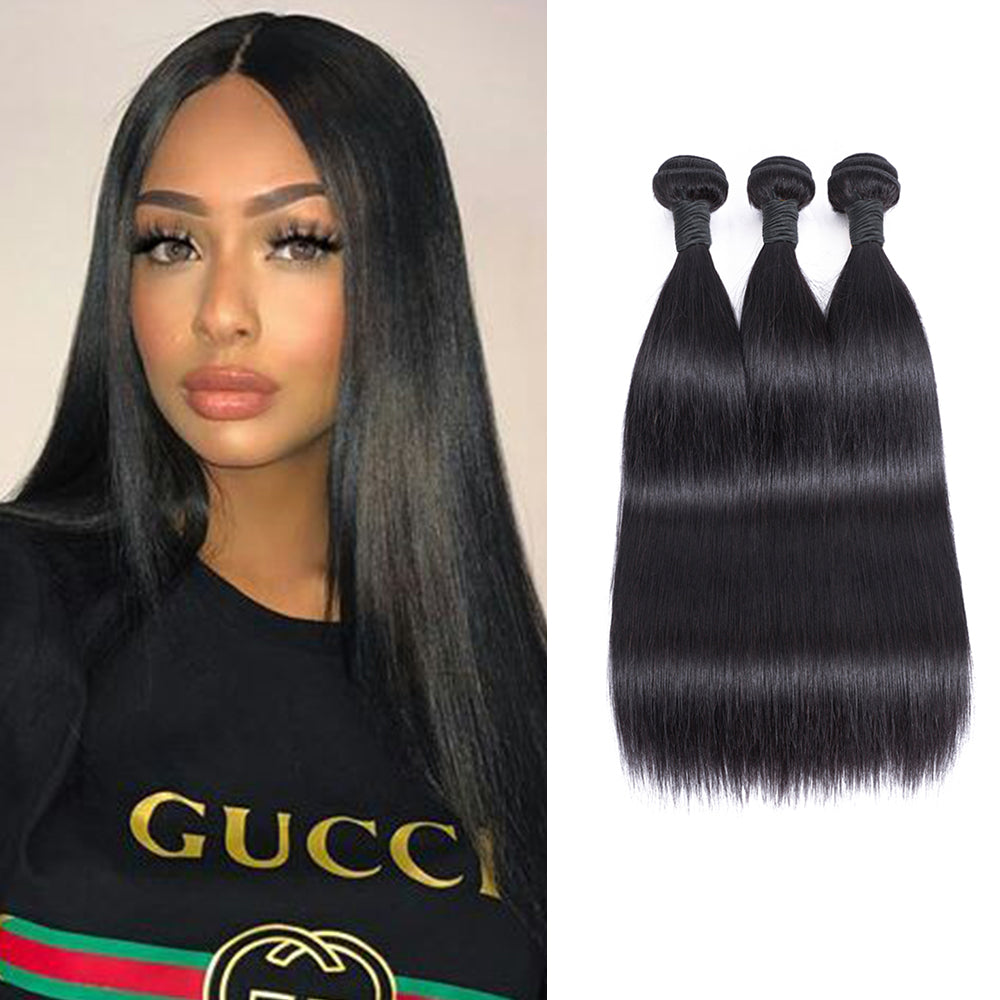 Straight Remy Human Hair 3 Bundles Natural Black