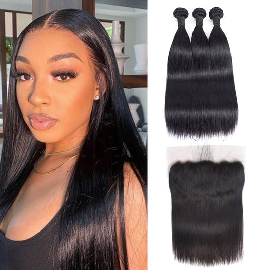 Straight Remy Human Hair 3 Bundles With 13x4 Lace Frontal Natural Black