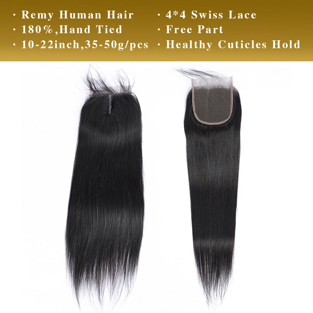 Straight Remy Human Hair 4x4 Lace Closure Natural Black