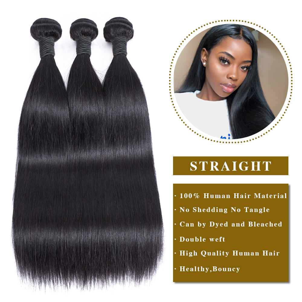 Straight Virgin Human Hair 3 Bundles With 4x4 Lace Closure Natural Black