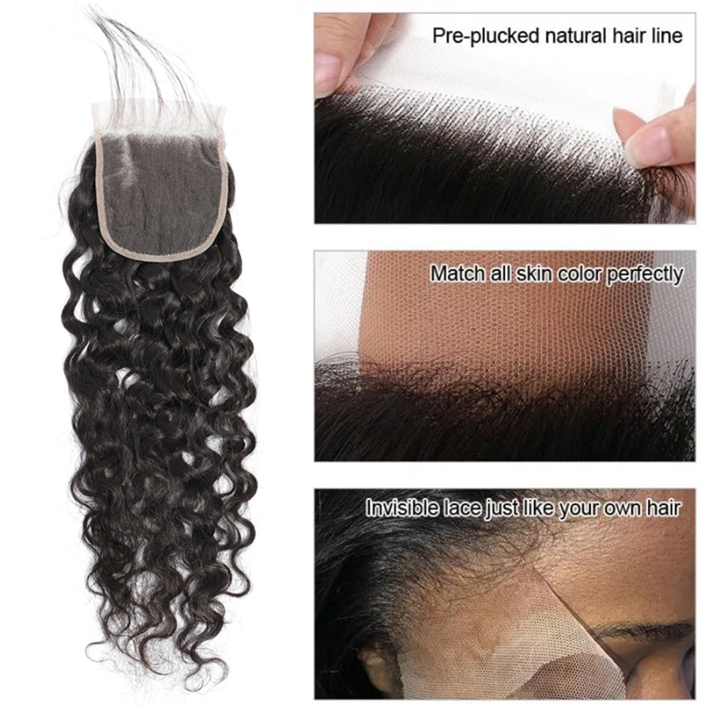 Water Wave Remy Human Hair 3 Bundles With 4x4 Lace Closure Natural Black