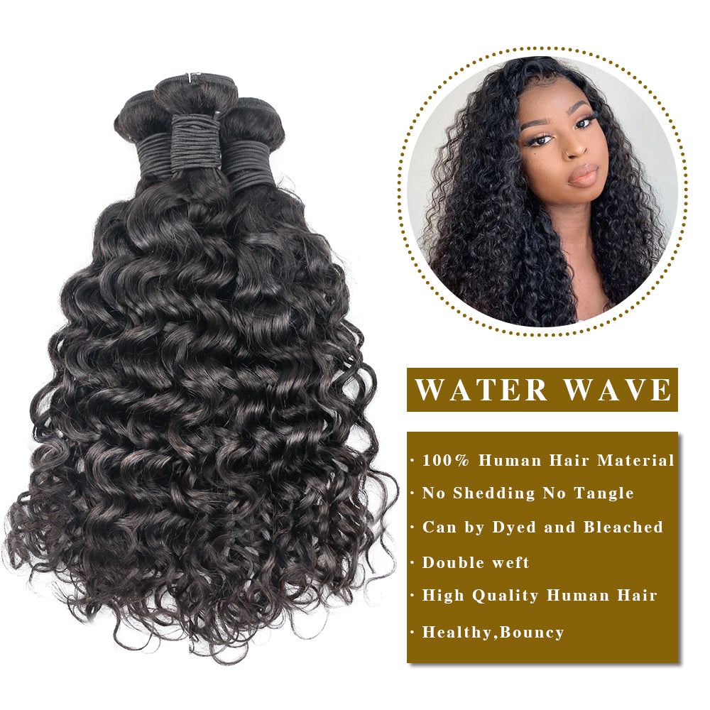 Water Wave Remy Human Hair 3 Bundles With 13x4 Lace Frontal Natural Black